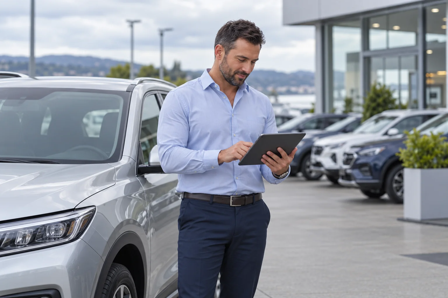 Illustrative scene of a man using a tablet beside dealership stock