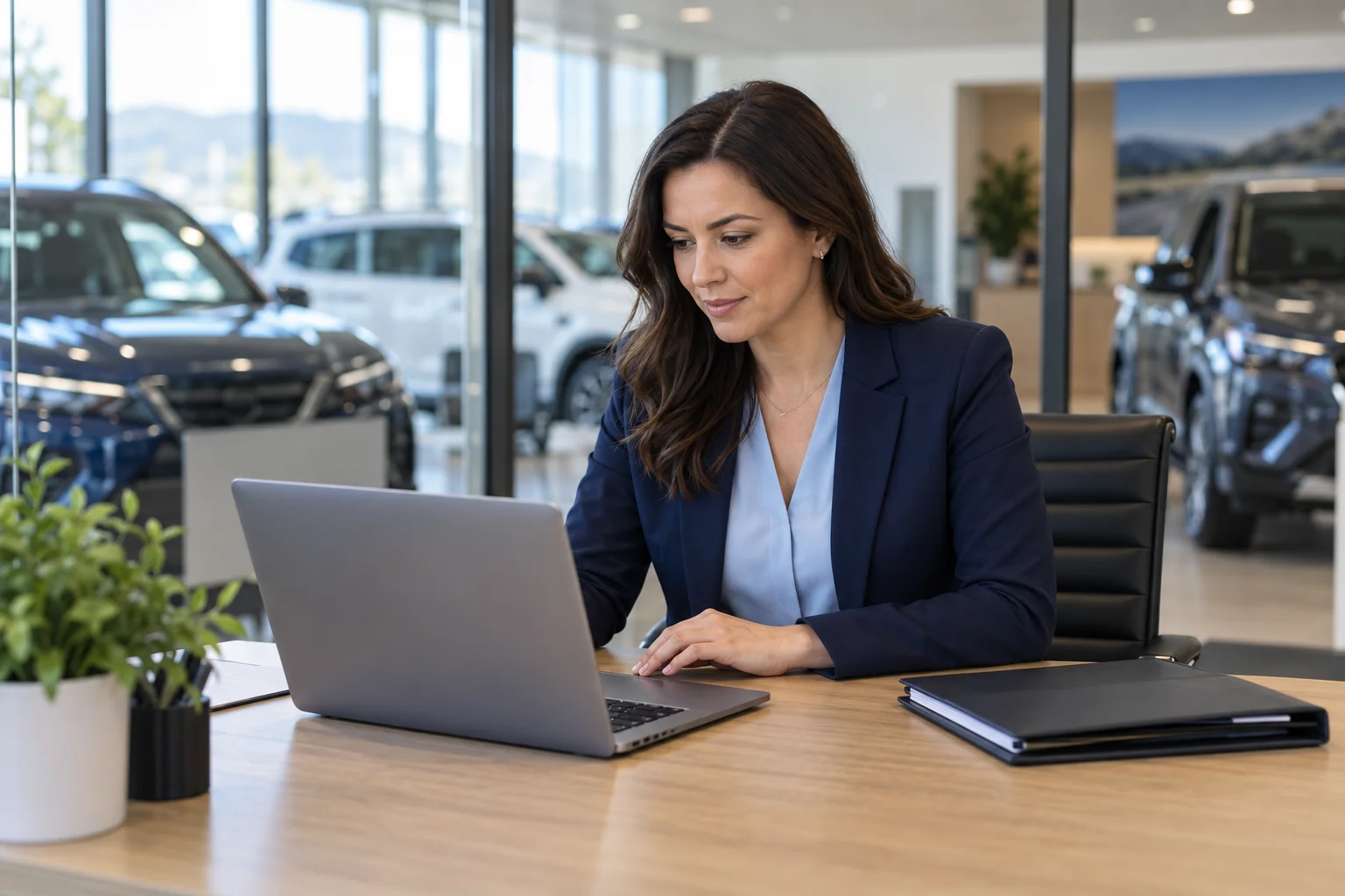 Illustrative scene of a woman working on finance applications at a dealership