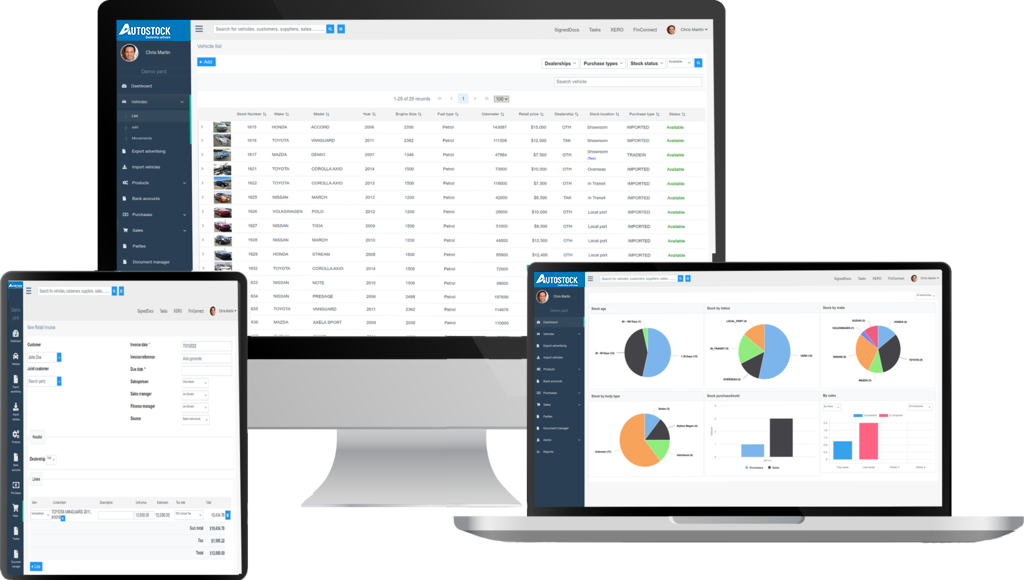 Autostock DMS displayed across desktop, laptop and tablet screens